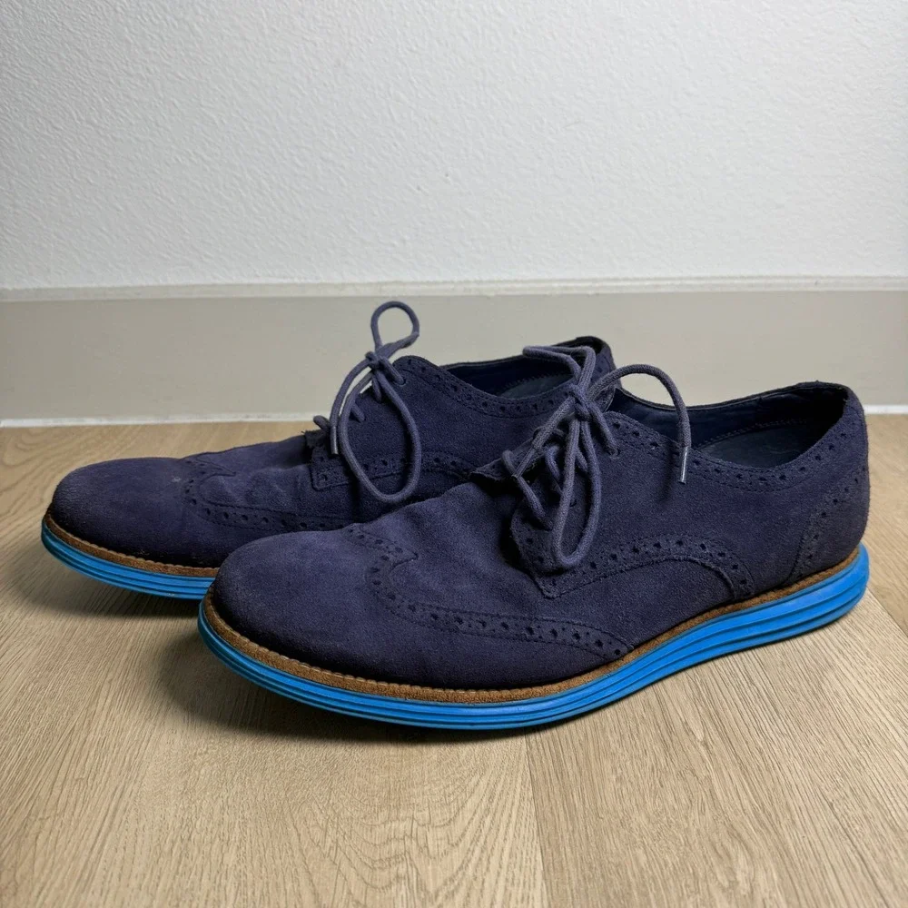 Cole Haan Lunargrand Wingtip Oxford Shoes Mens 10.5 Blue‎ Suede Lunarlon C11096
